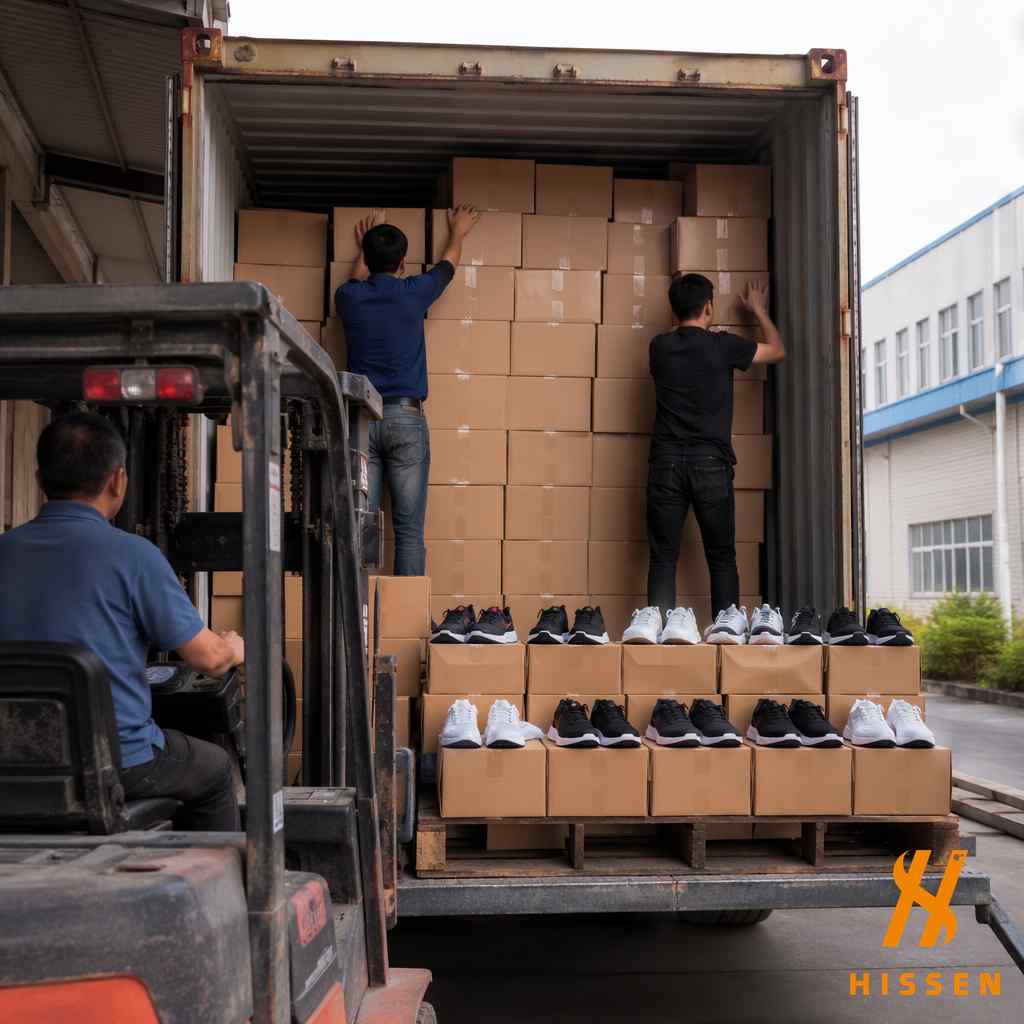 Shipping container loaded with boxes of sports shoes for wholesale export