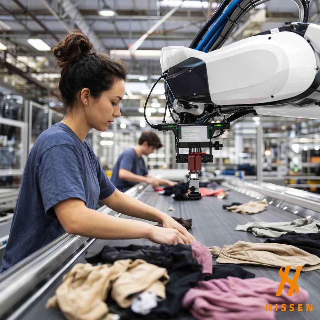 Workers and AI technology in used clothing sorting