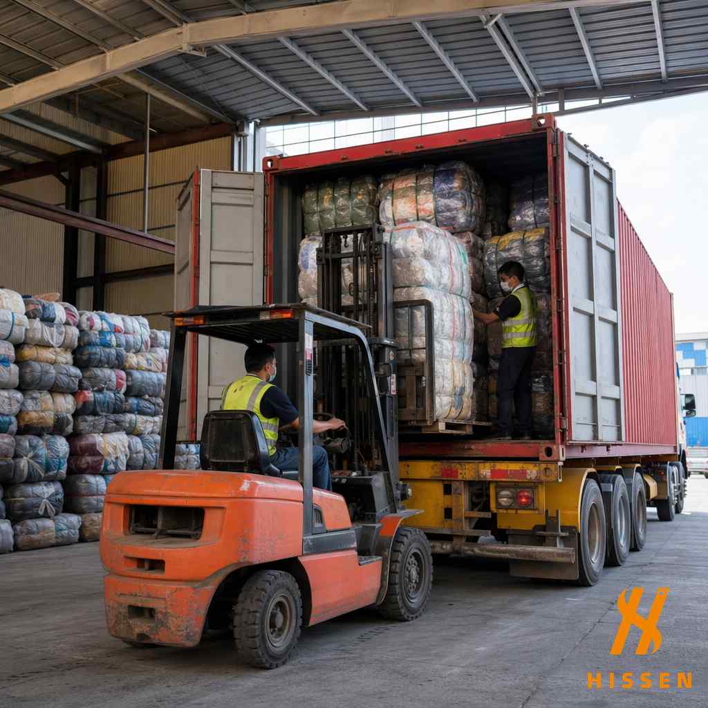 Shipping container loaded with used bags and cotton rag bales for export