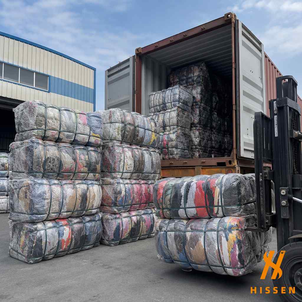 Premium branded thrift clothing bales being loaded for export