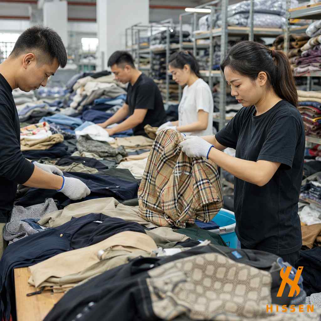 Workers carefully sorting branded thrift clothing recognizing premium labels