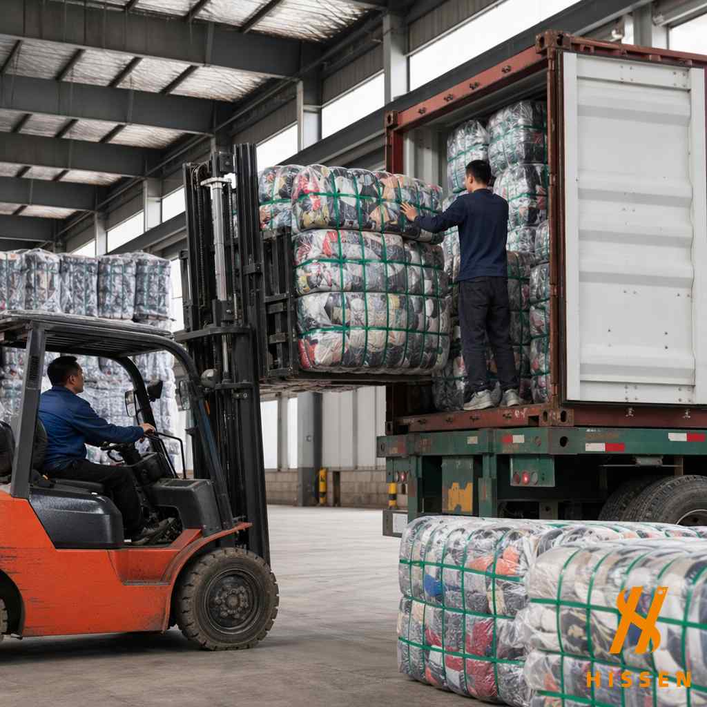 Container loading operation for bulk secondhand clothing export with forklift and compressed bales