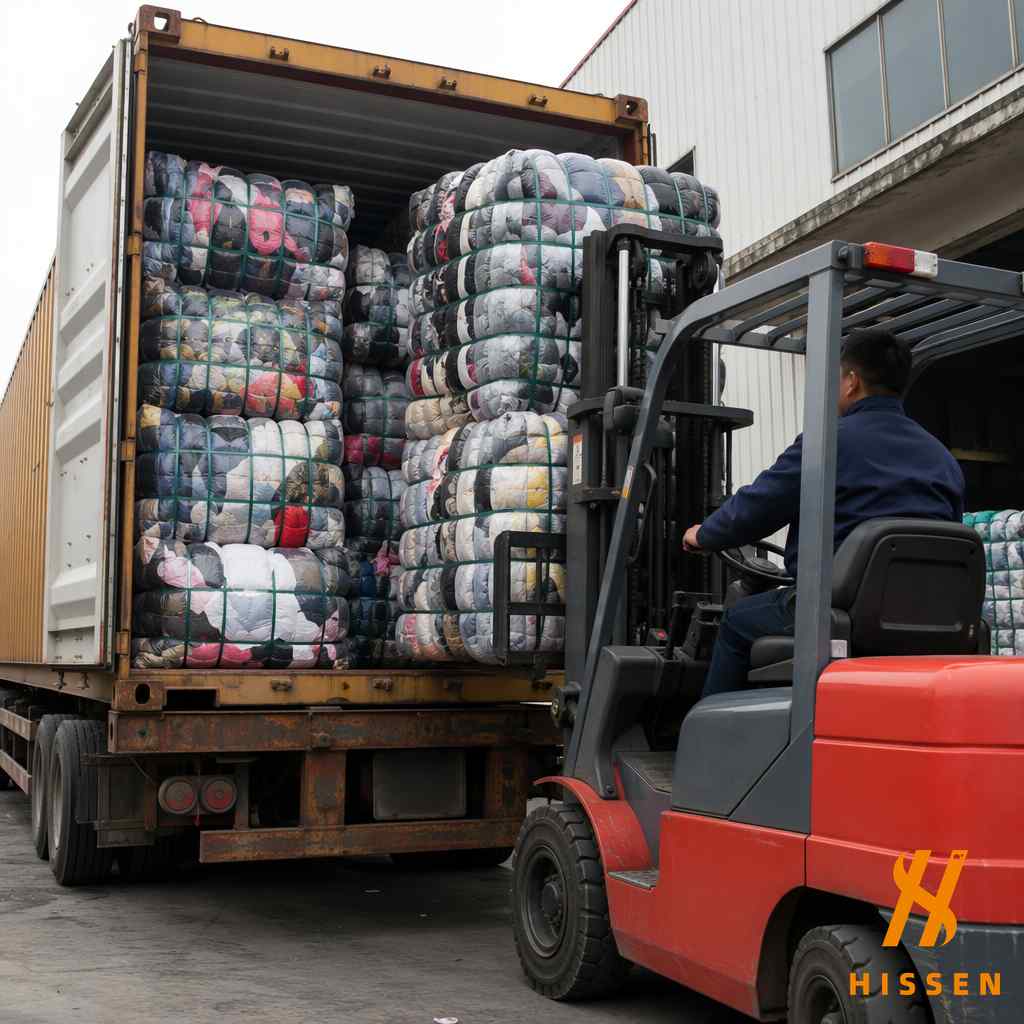 Budget mixed used clothing bales being loaded for cost-effective export