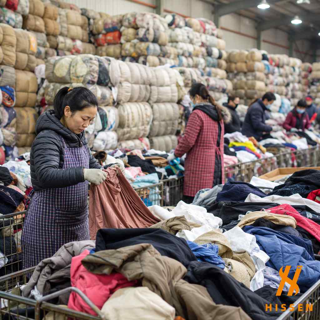 Workers sorting through economical mixed used clothing bales at a budget sorting facility