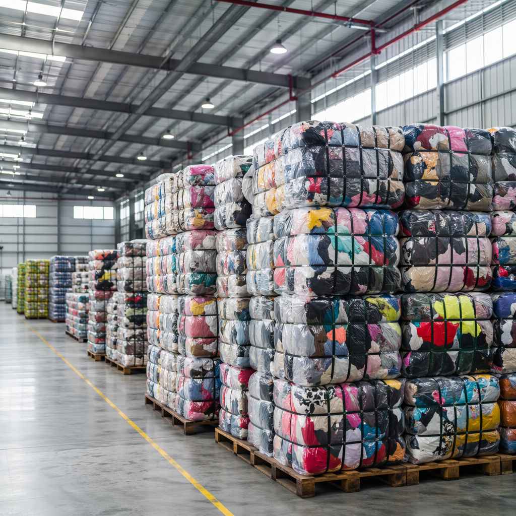Guangzhou warehouse with used clothing bales — stable supply unaffected by EU policy changes