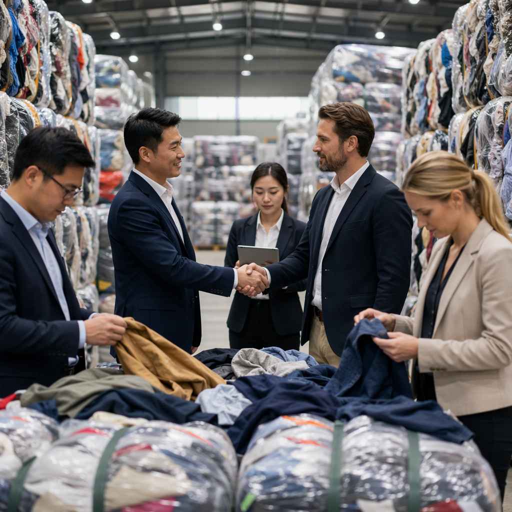 International used clothing trade — buyers inspecting quality bales for African and South American markets