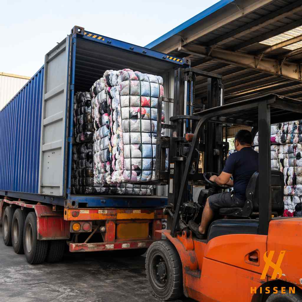 Hissen Global loading used clothing bales into shipping container for export