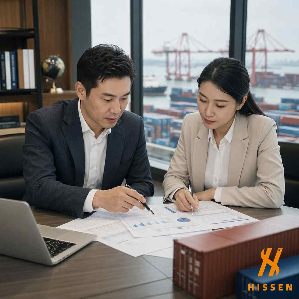 Business professionals analyzing shipping container pricing documents in a Chinese export office