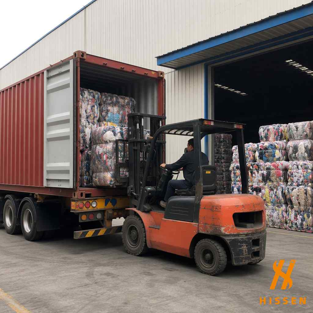 Shipping container loaded directly at a Chinese factory warehouse for used clothing export