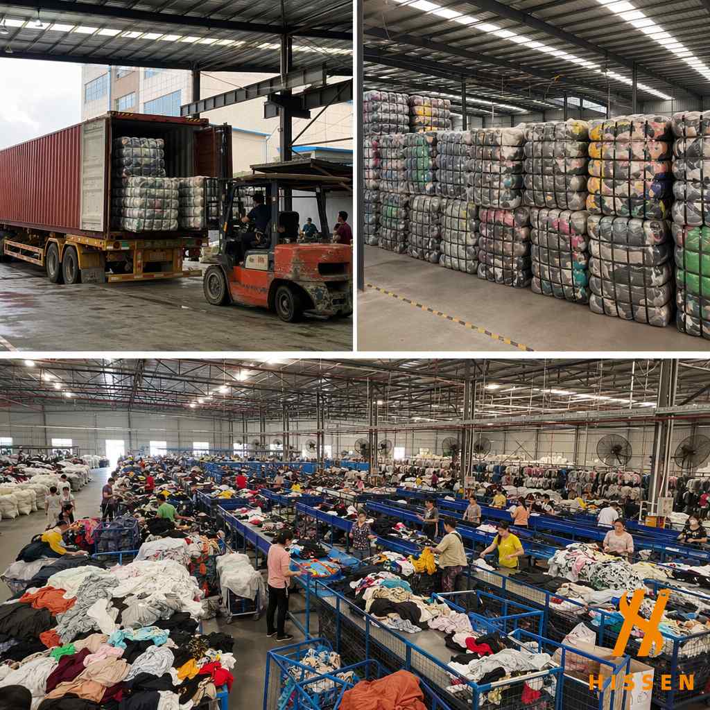 Large used clothing factory warehouse in Guangzhou with container loading area and bales ready for export