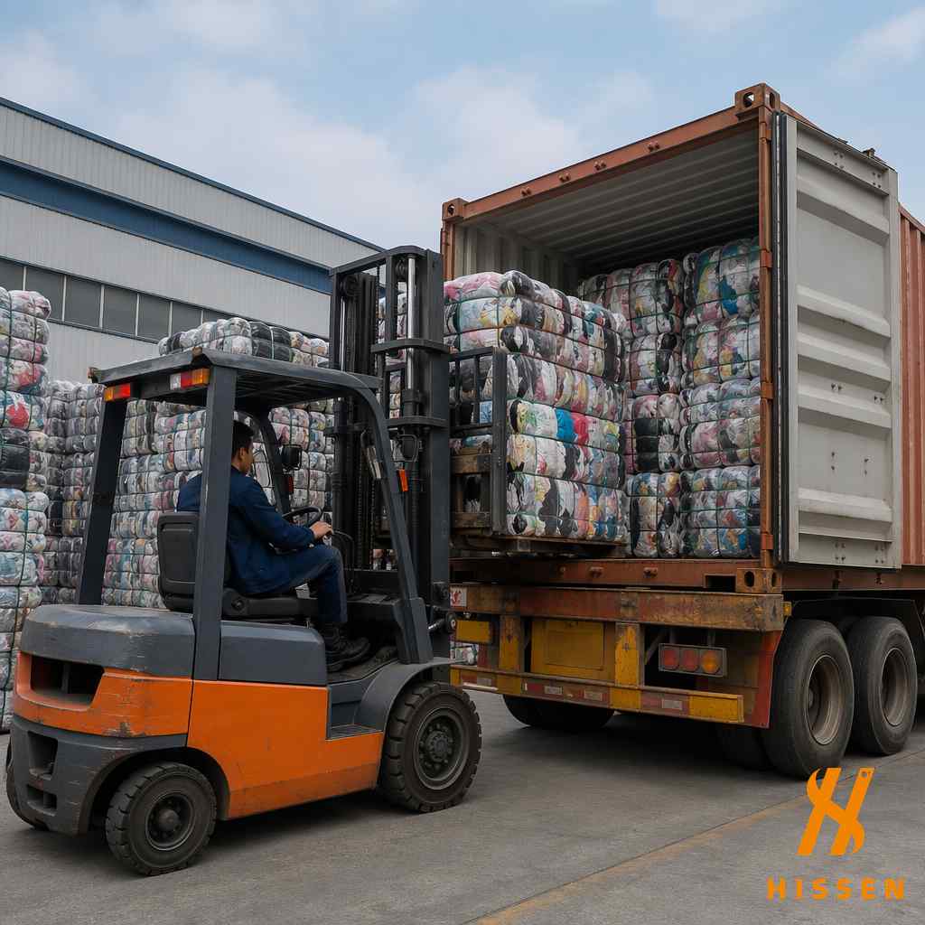 Forklift quickly loading compressed used clothing bales into a shipping container at Chinese export warehouse