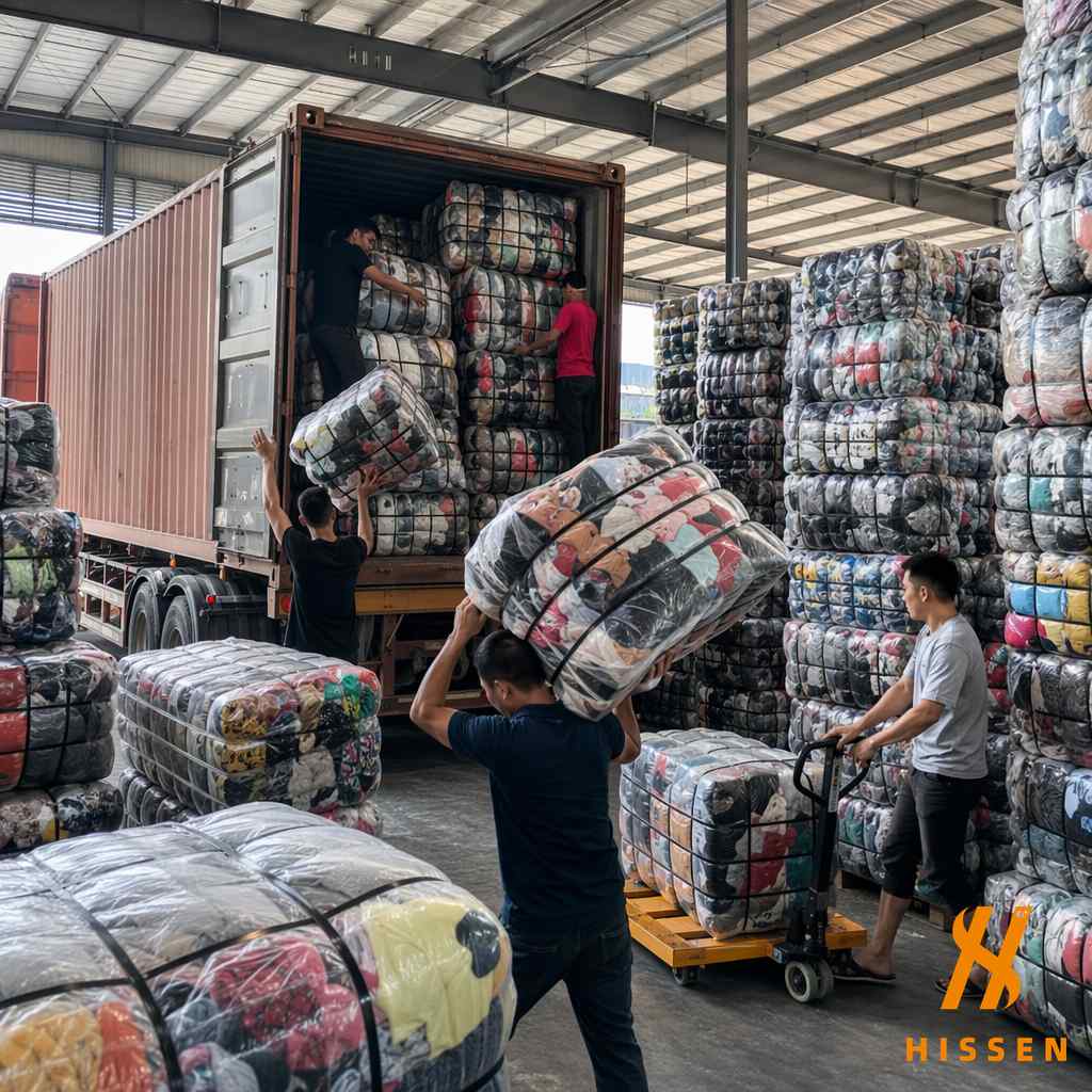 Busy export warehouse in Guangzhou with workers quickly loading used clothing bales onto trucks