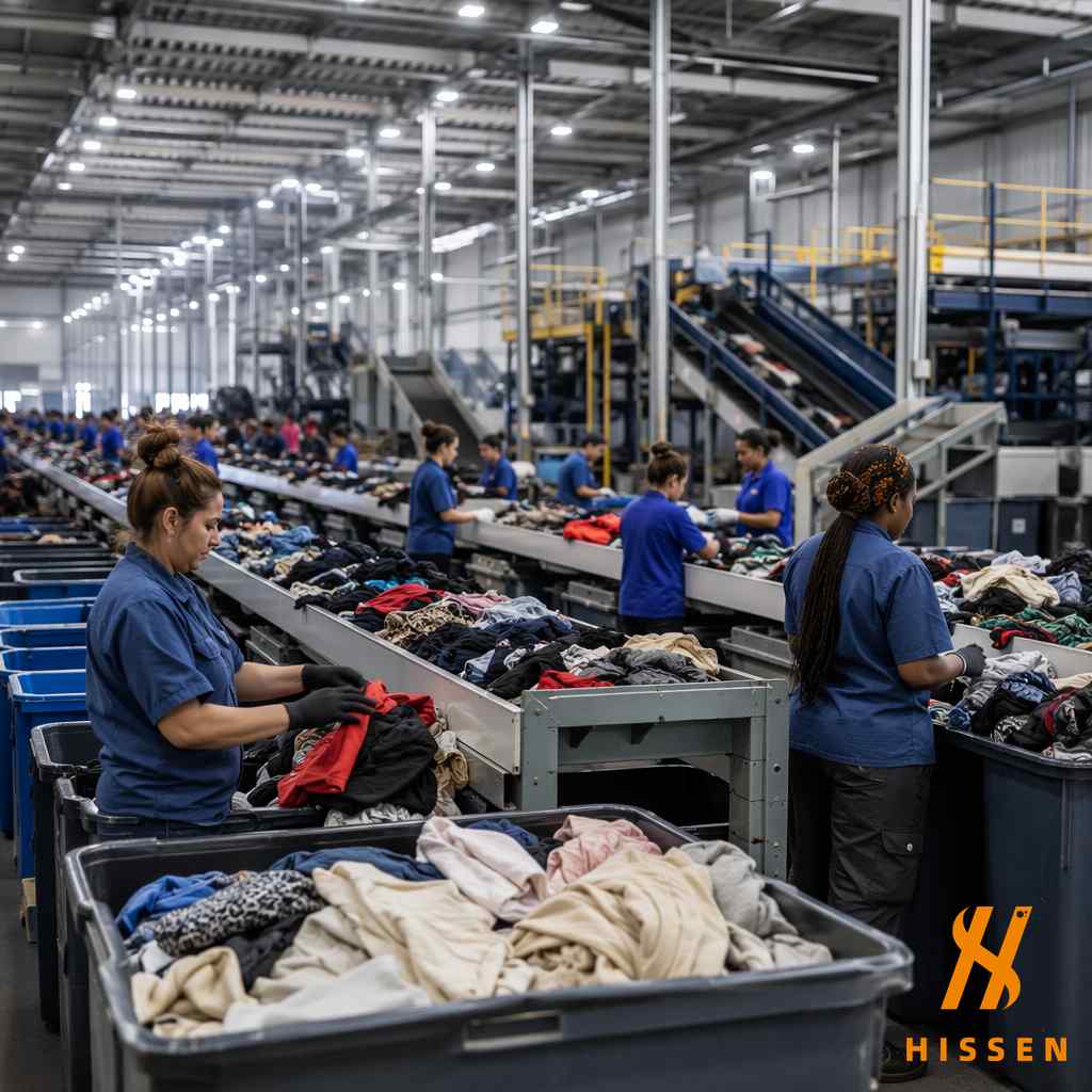 Modern used clothing sorting facility with workers efficiently processing garments on multiple sorting lines