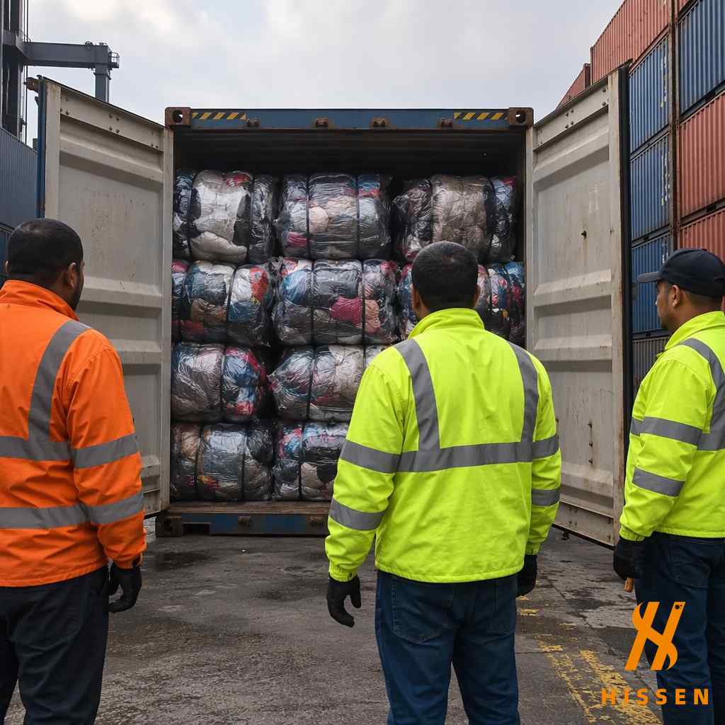 Shipping container being opened revealing used clothing bales first import shipment arrival