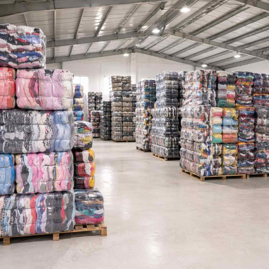 Grade A used clothing bales stacked in warehouse ready for export