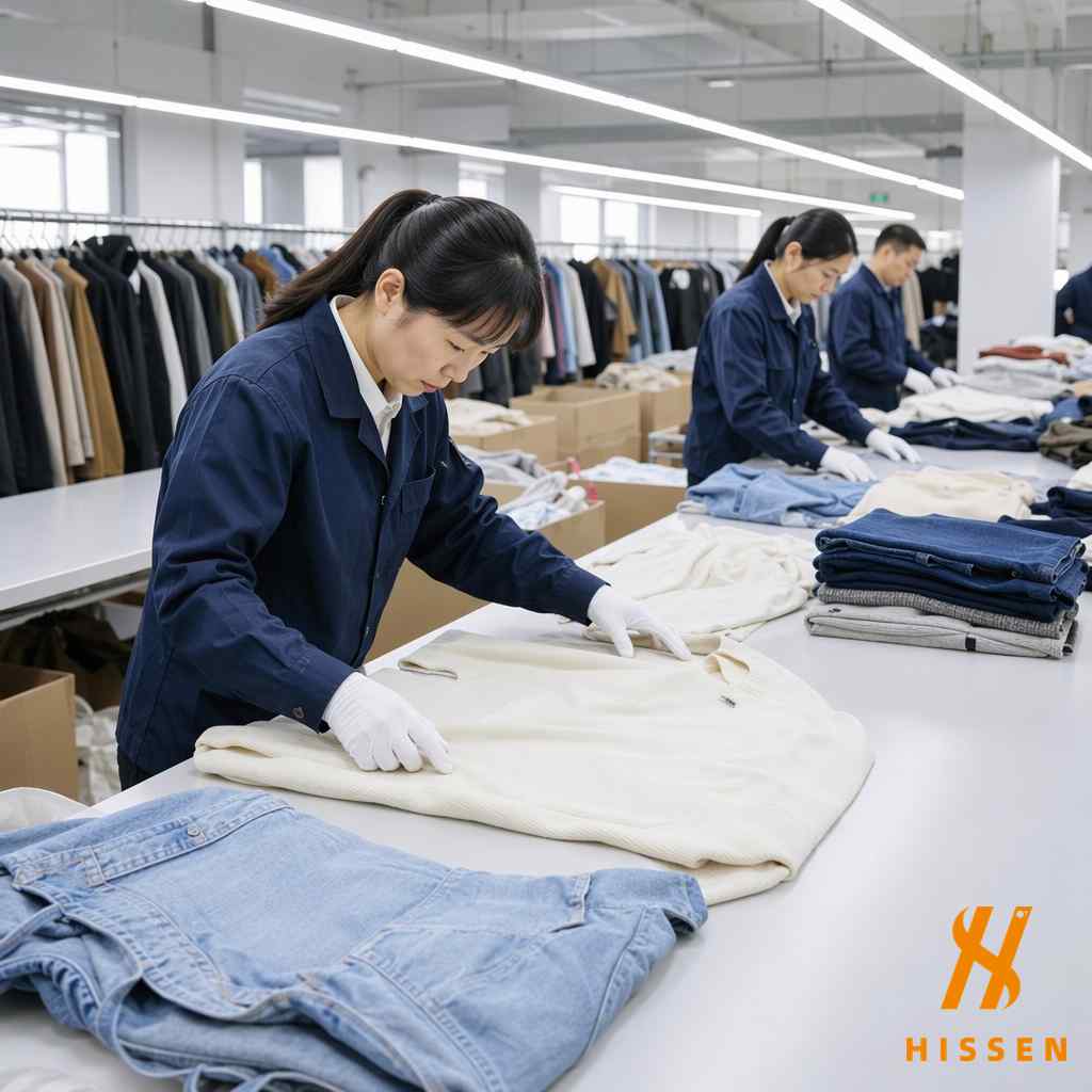 Modern clean used clothing sorting facility with workers carefully grading high quality garments