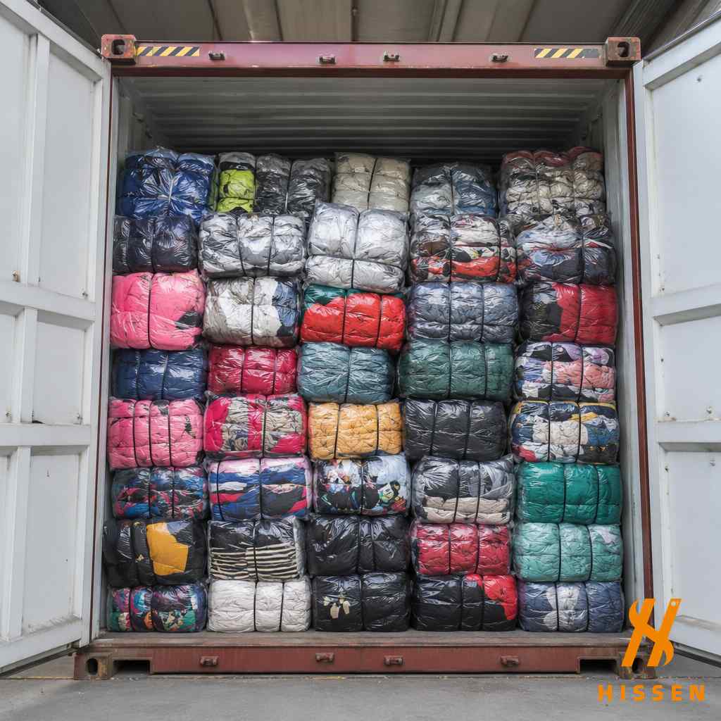Shipping container filled with neatly sorted used clothing bales ready for import