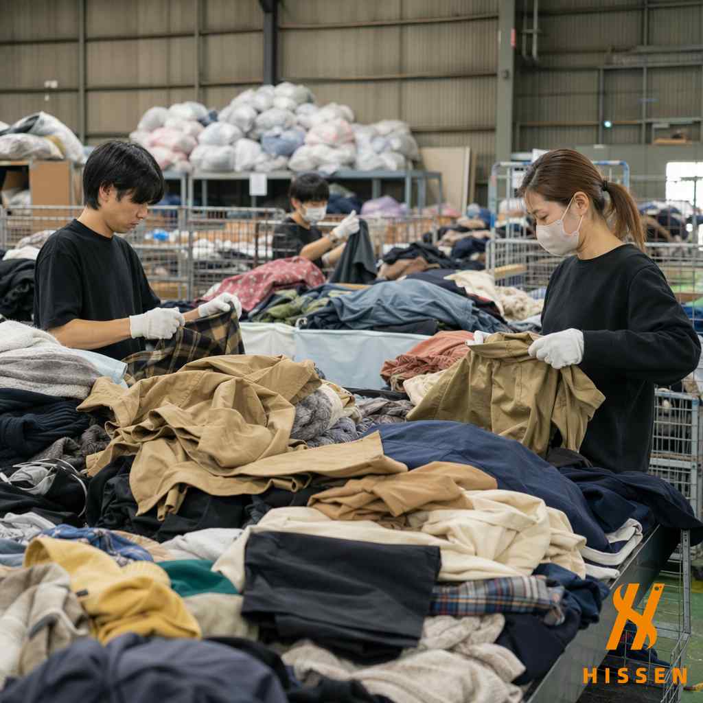 Workers sorting through used clothing from Japan inspecting and grading trendy Asian fashion items