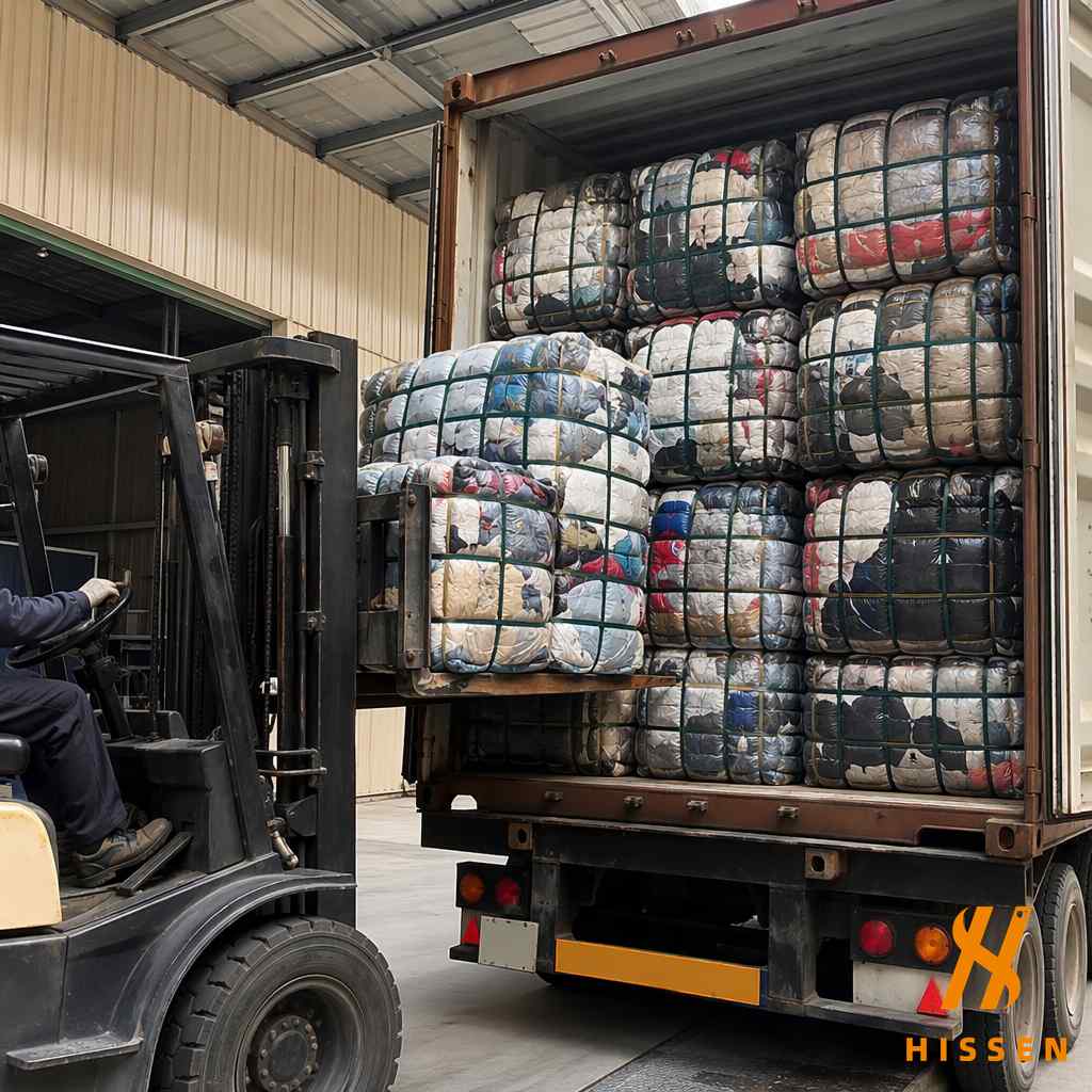 Japan-origin second hand clothing bales being loaded for international export