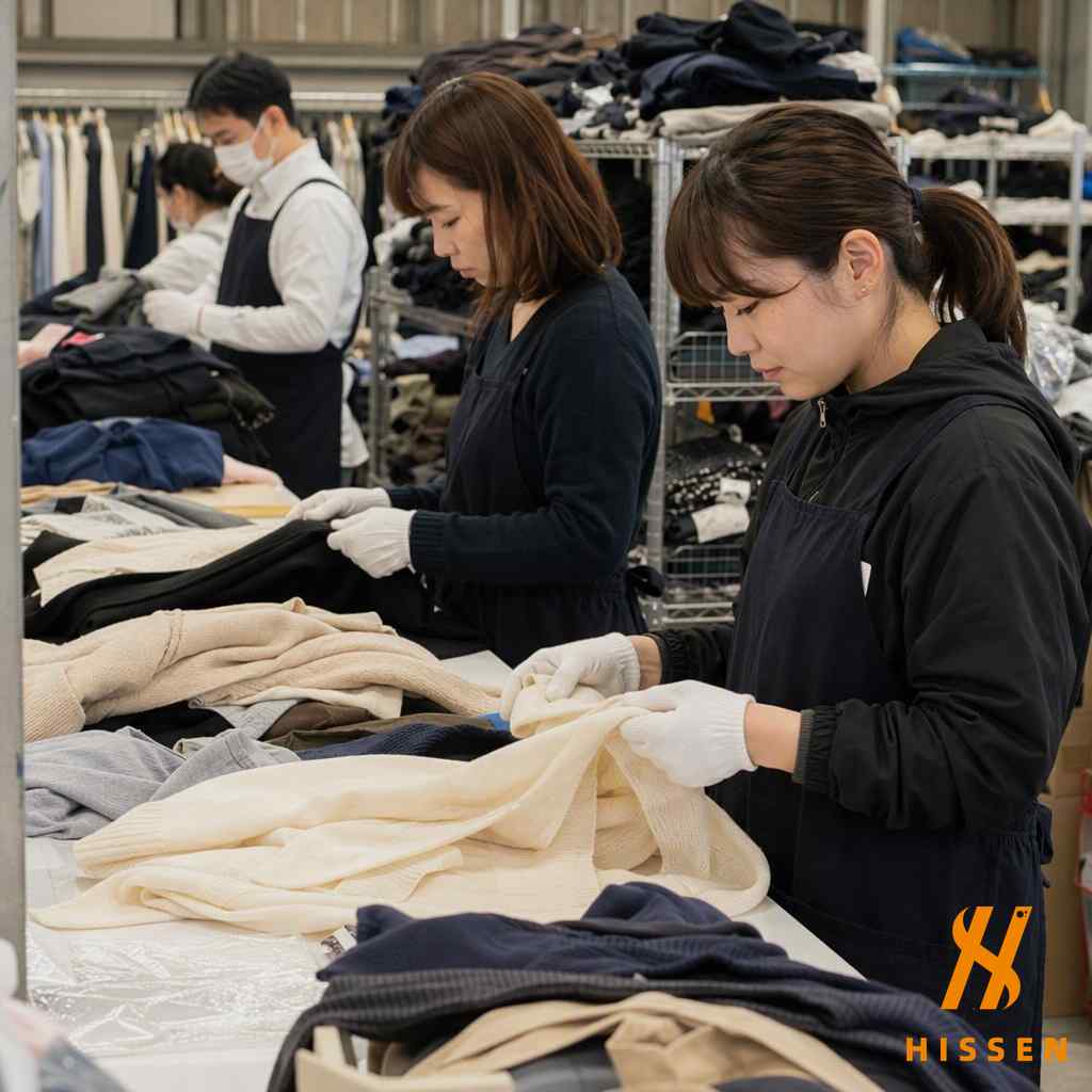 Workers inspecting Japan-origin second hand clothing premium Asian fashion quality control