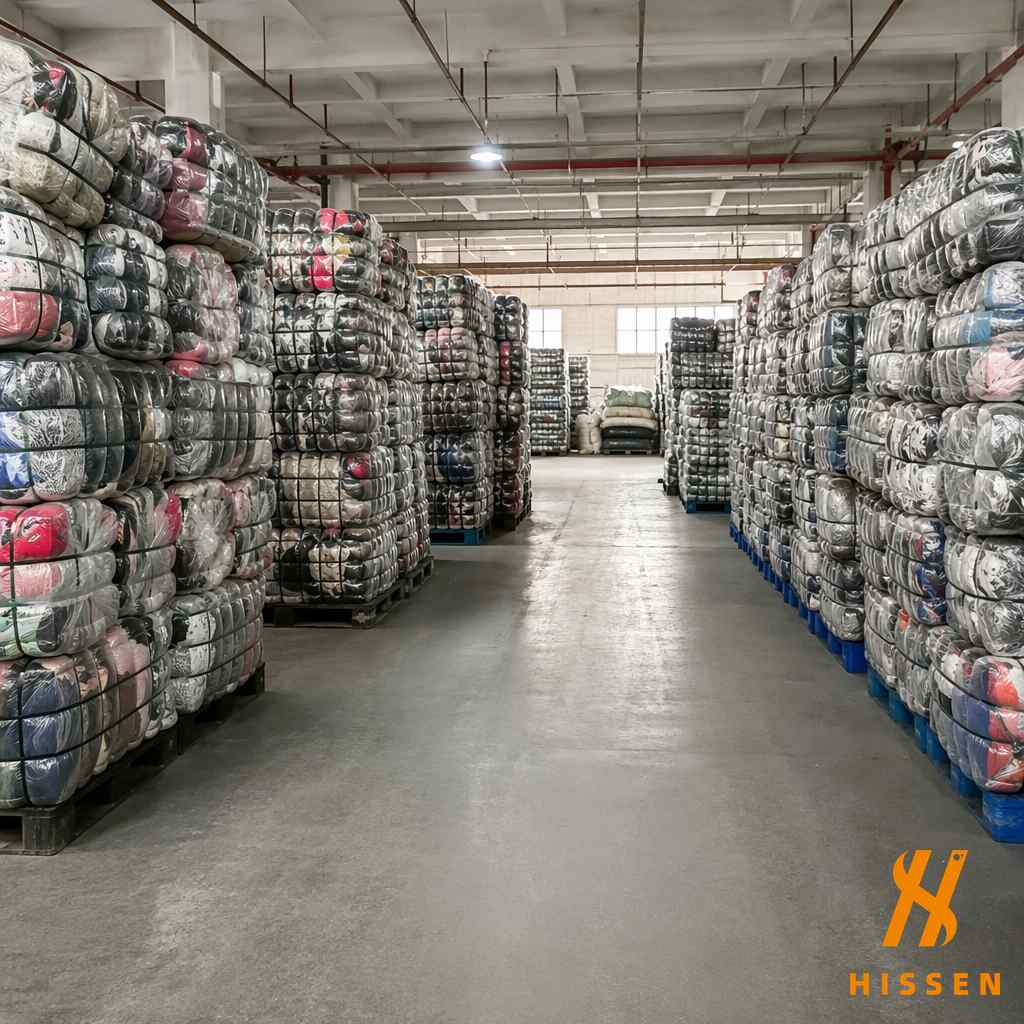 Clean warehouse storing Japan-origin used clothing premium Asian fashion for export