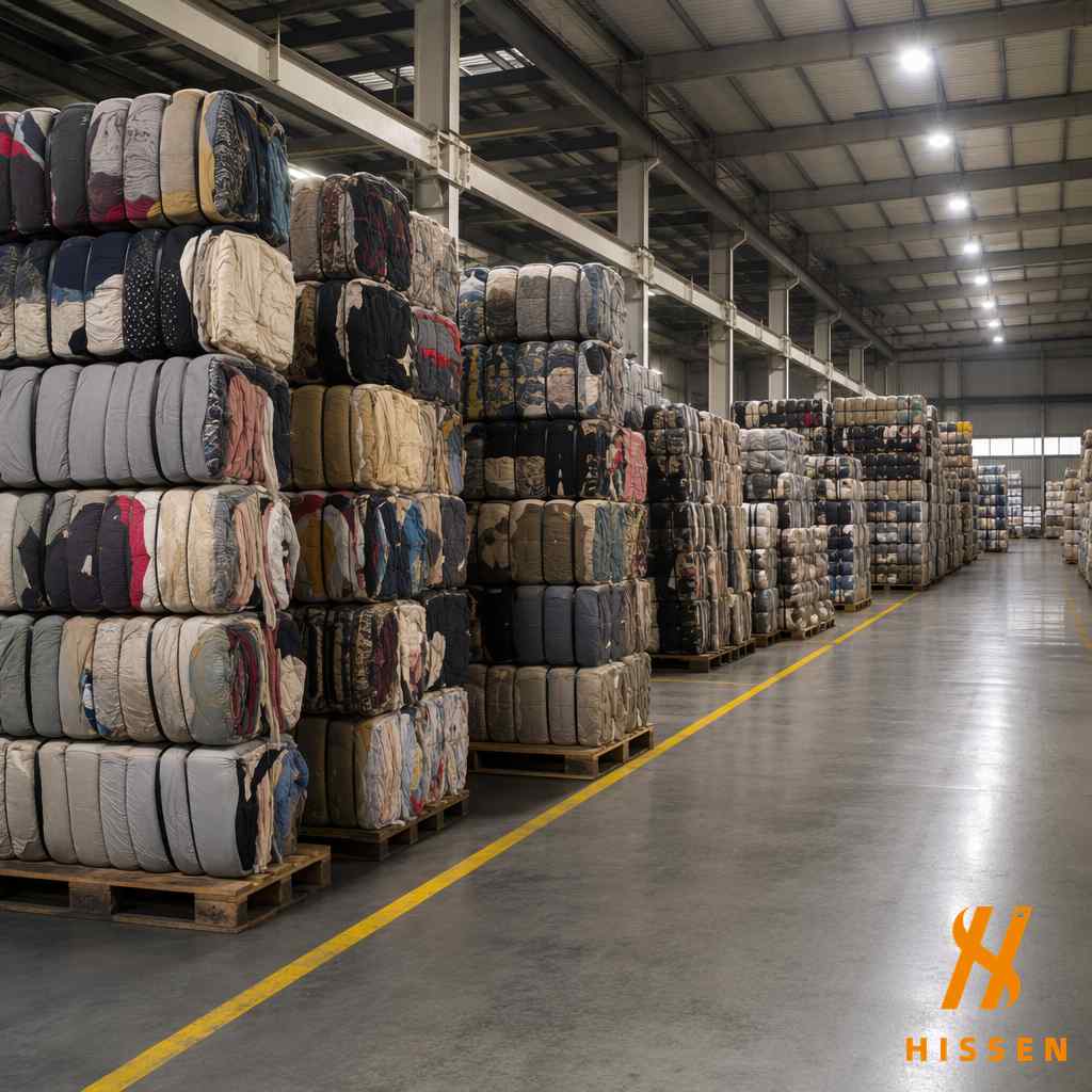 Warehouse storing used clothing sourced from Japan with neatly organized premium Asian fashion bales