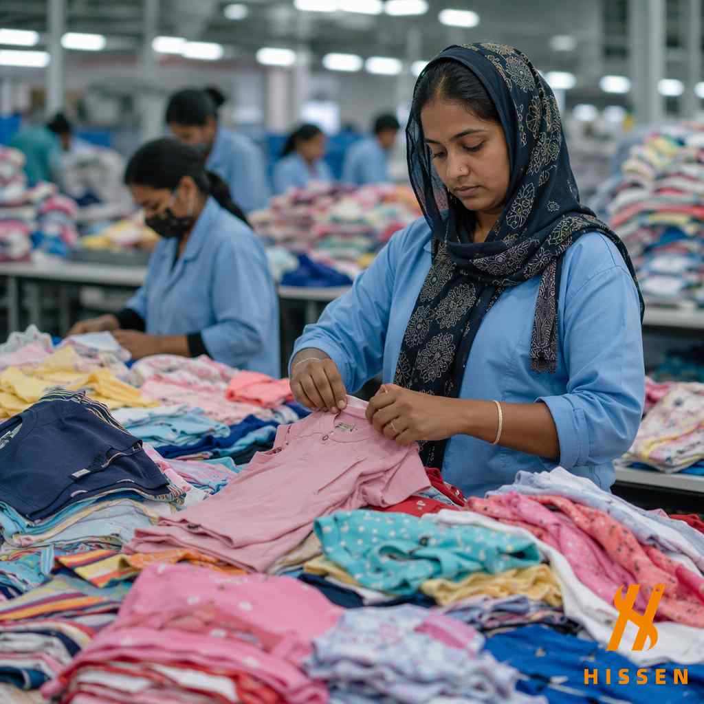 Workers carefully sorting through colorful childrens clothing at a textile facility