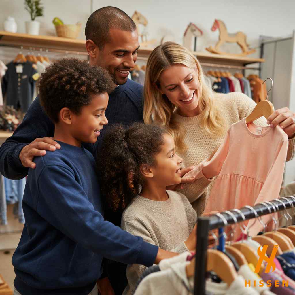 Family shopping for secondhand children clothing