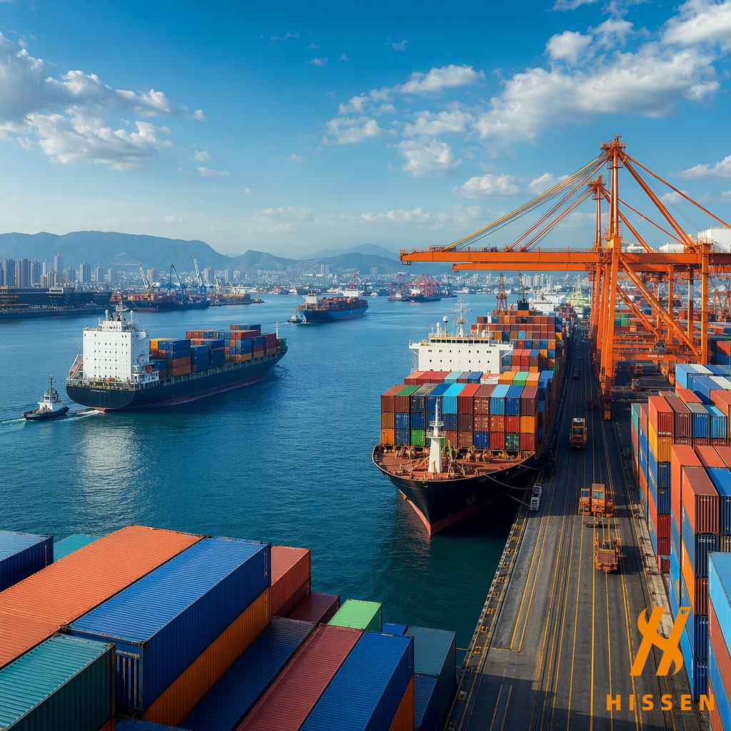 International shipping containers at port — used clothing export logistics