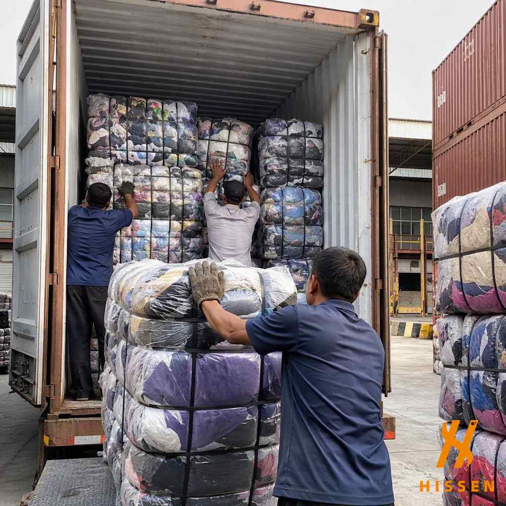 Premium grade used clothing bales being loaded into shipping container for international export