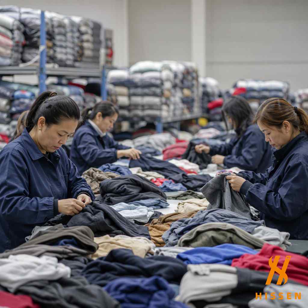 Expert workers carefully grading premium quality second hand clothing top tier textile inspection