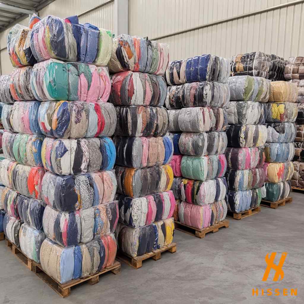 Premium quality summer clothing bales in a clean warehouse with lightweight garments sorted and compressed
