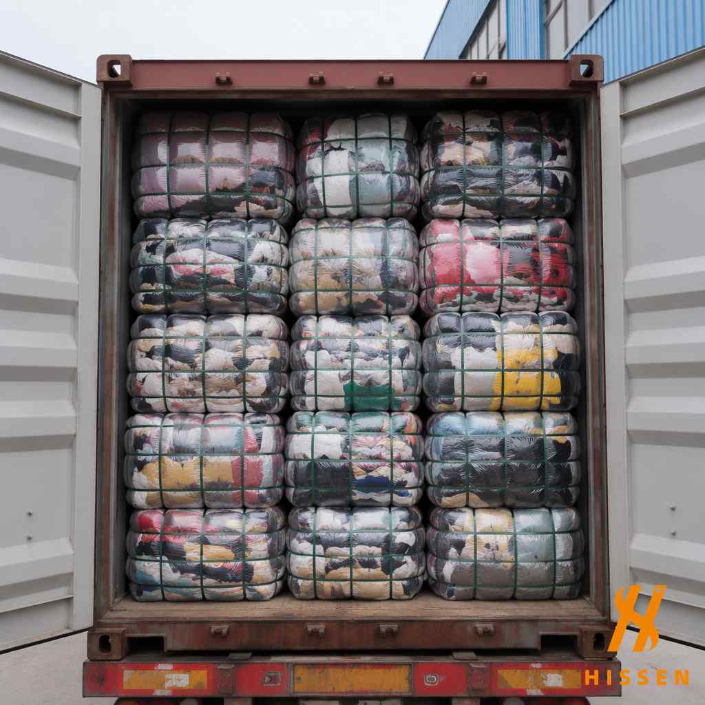 Shipping container loaded with premium grade summer mix used clothing bales ready for export