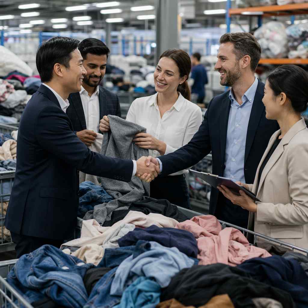 International trade team inspecting used clothing quality at facility