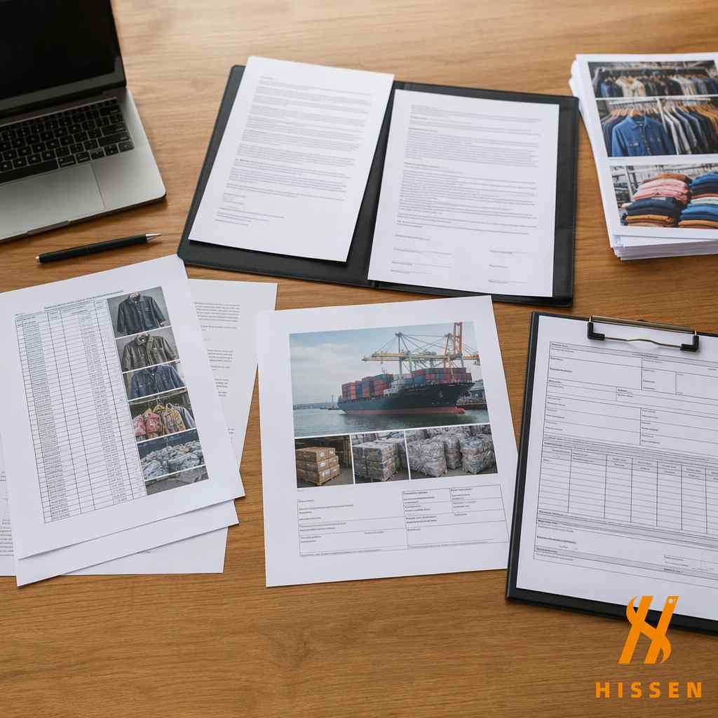 Export quotation documents and shipping paperwork on a desk for used clothing trade