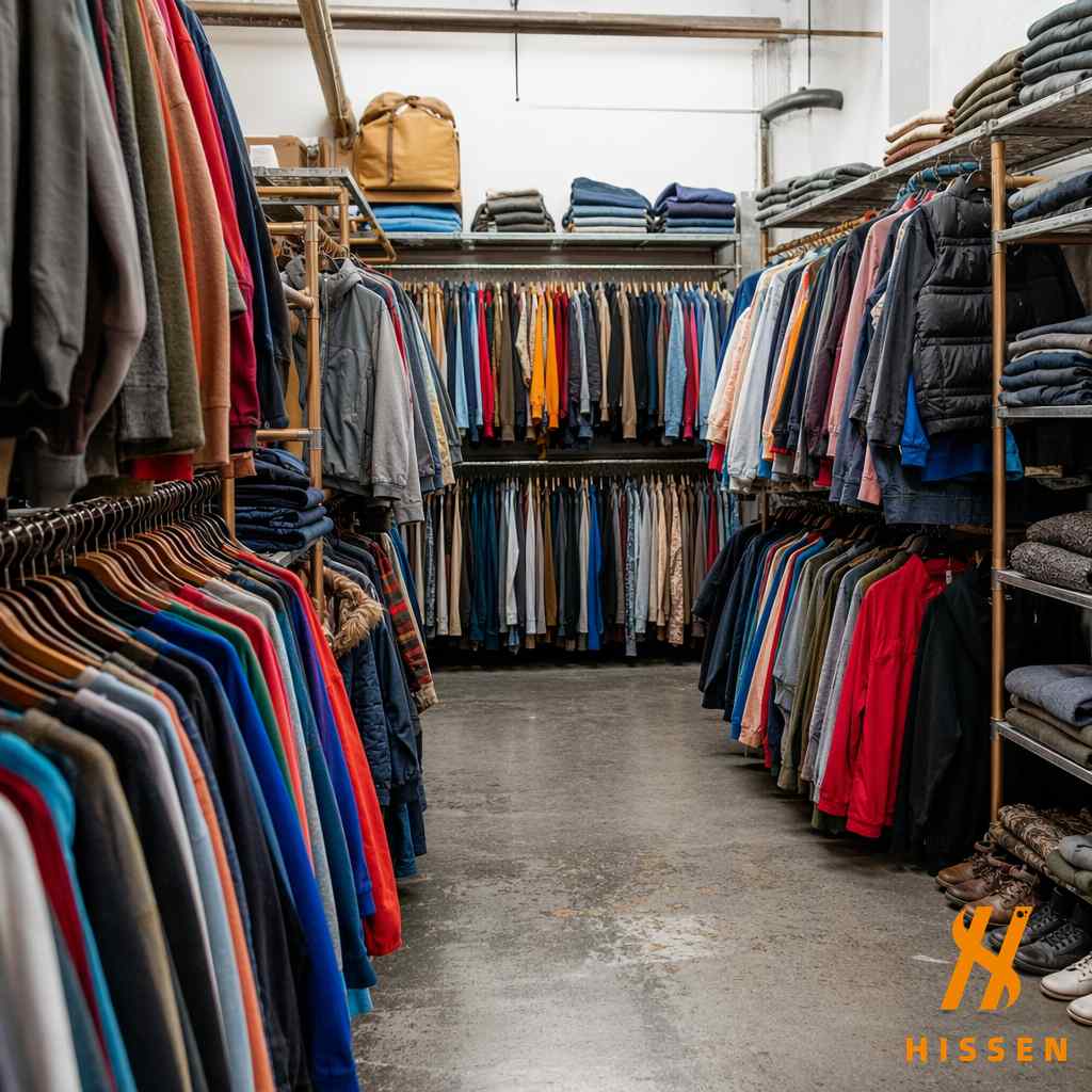 Stockroom of a used clothing resale business with sorted garments on racks