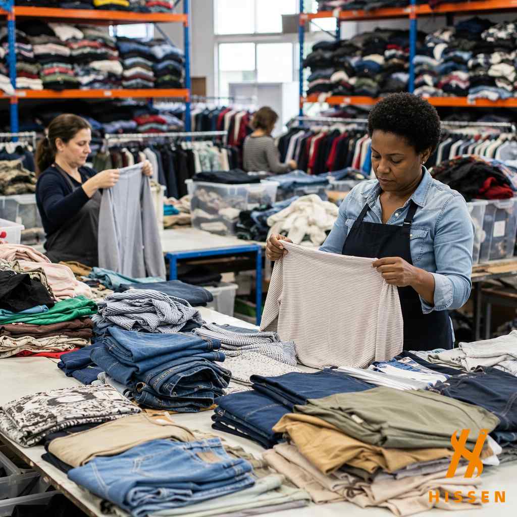 Workers carefully grading high quality used clothing suitable for retail shops