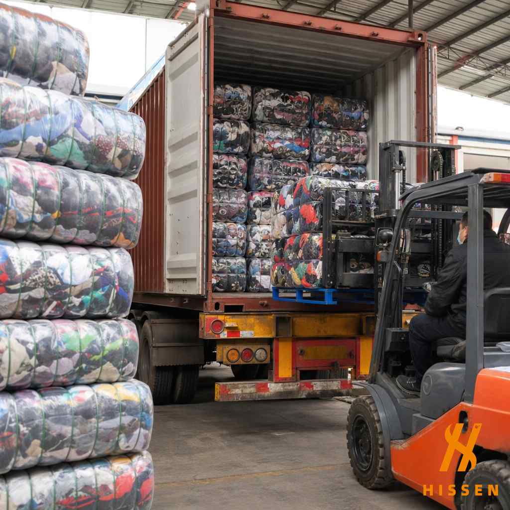 Shipping container being loaded with season-sorted used clothing bales at a Chinese export warehouse