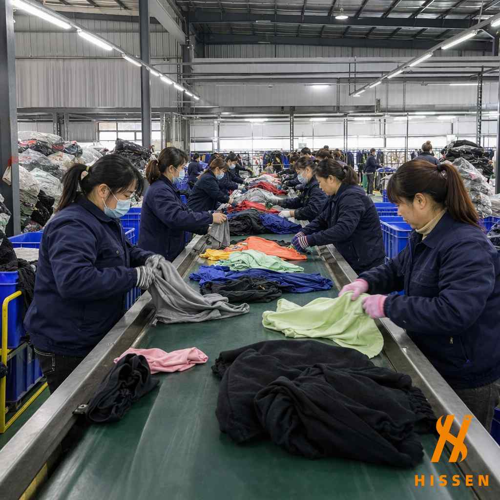 Used clothing sorting line in a Chinese factory with conveyor belts separating summer and winter garments for export