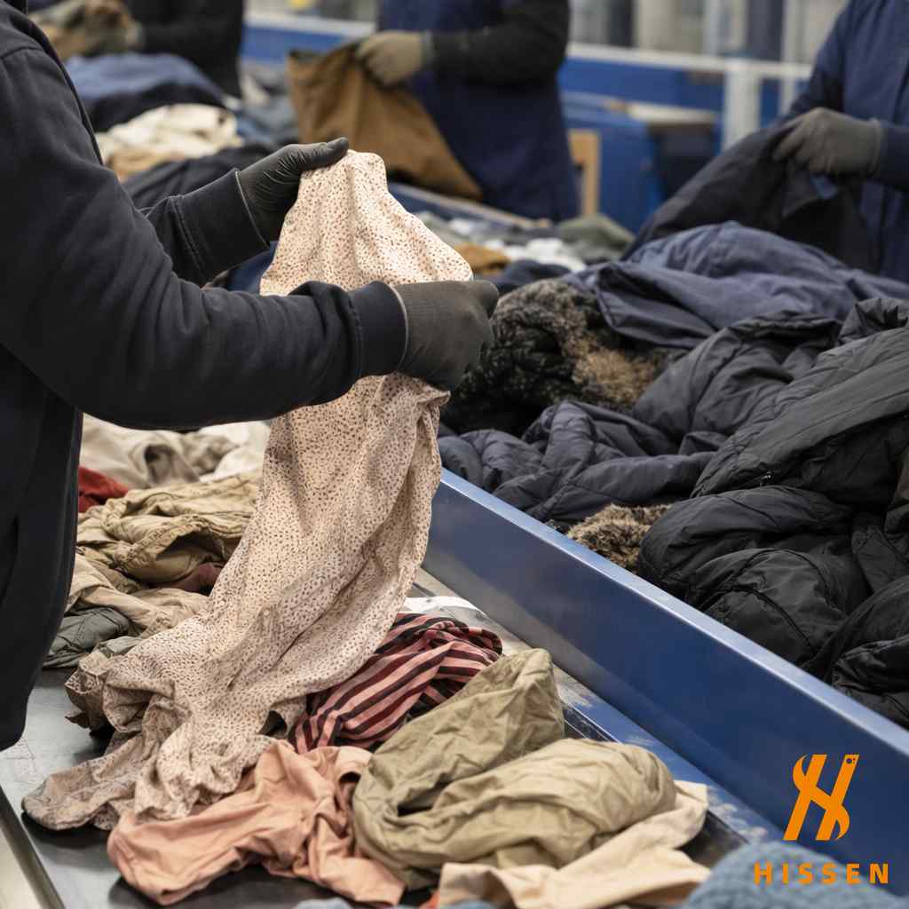 Seasonal used clothing sorting chart showing summer vs winter clothing categories separated by workers for wholesale export
