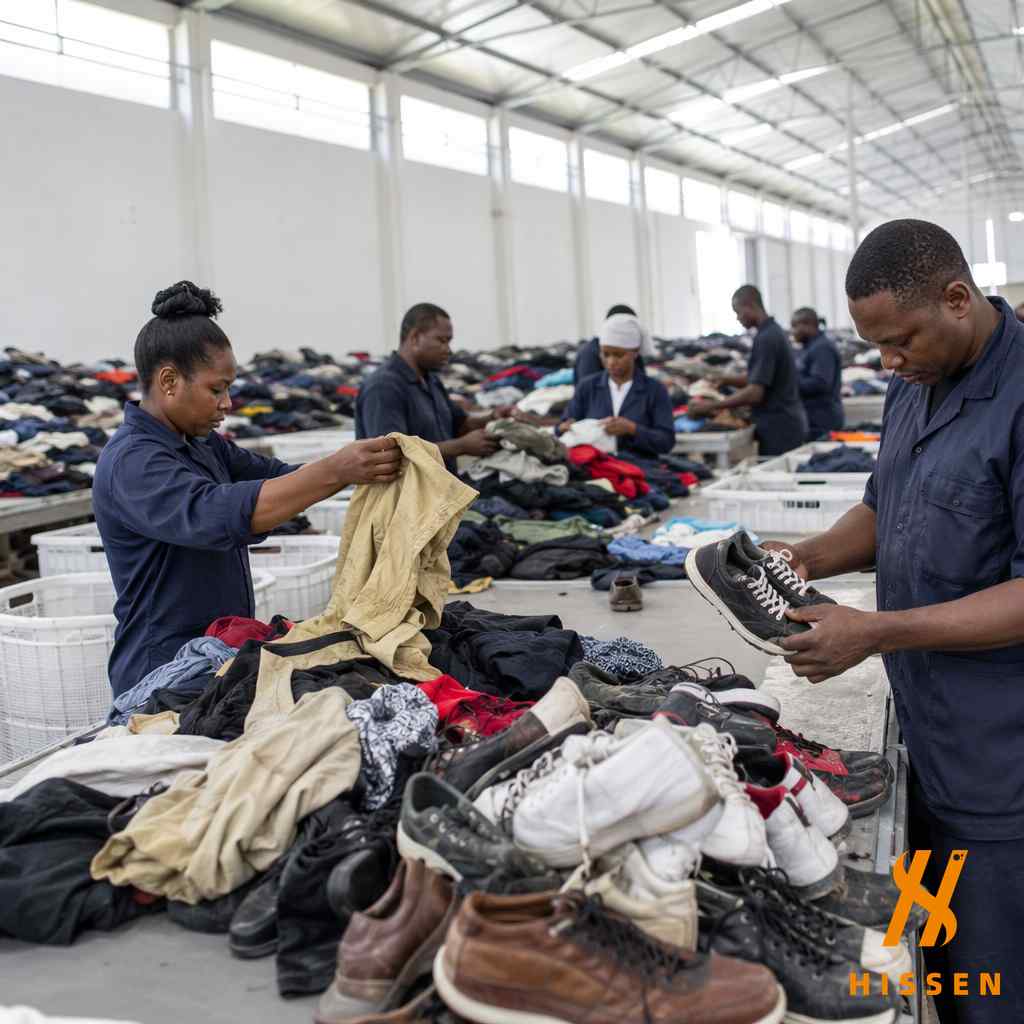 Workers inspecting and sorting used shoes and clothing for export at a trusted facility