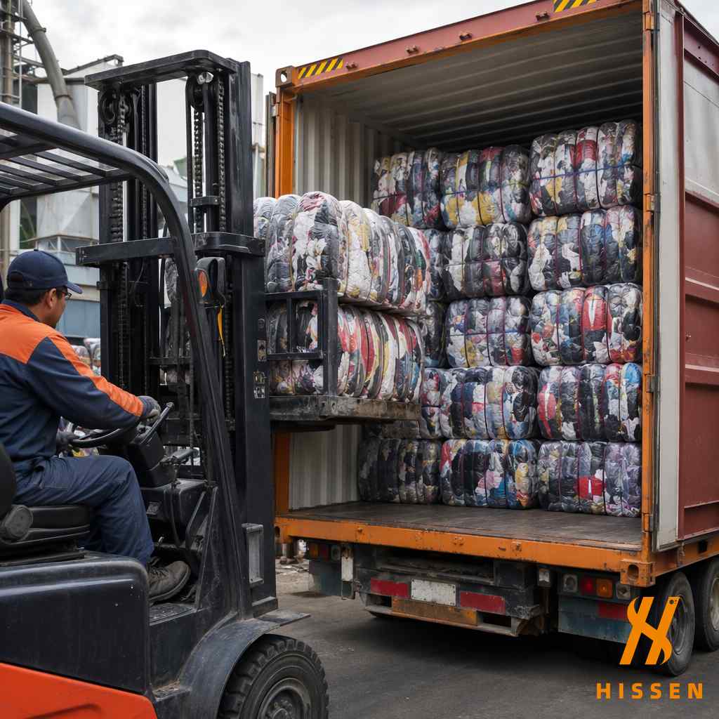Sorted used clothing bales being loaded into container for international shipping