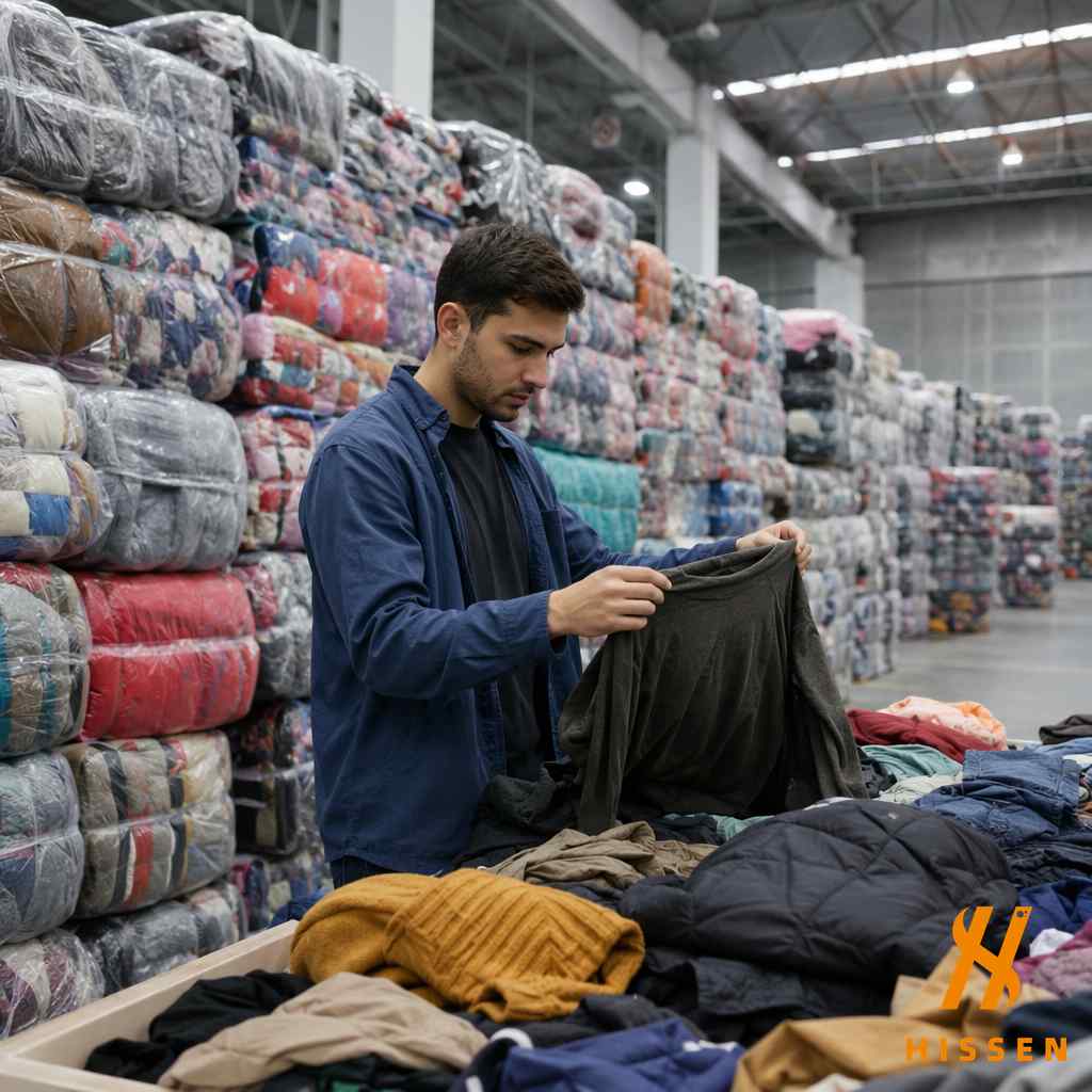 Importer inspecting sorted used clothing bales at a Chinese warehouse quality check