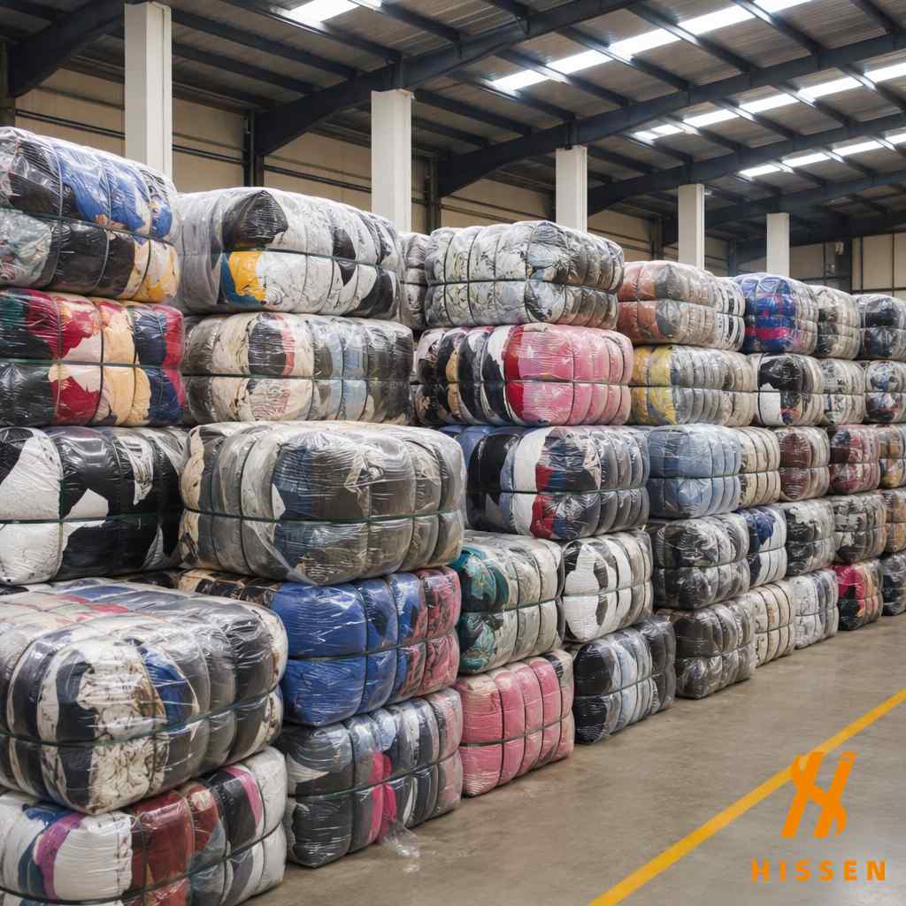 Neatly organized high quality sorted secondhand clothing bales in a clean warehouse