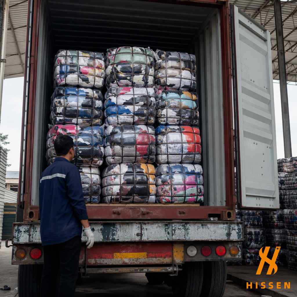 Well sorted second hand fashion bales being loaded for export at a professional facility