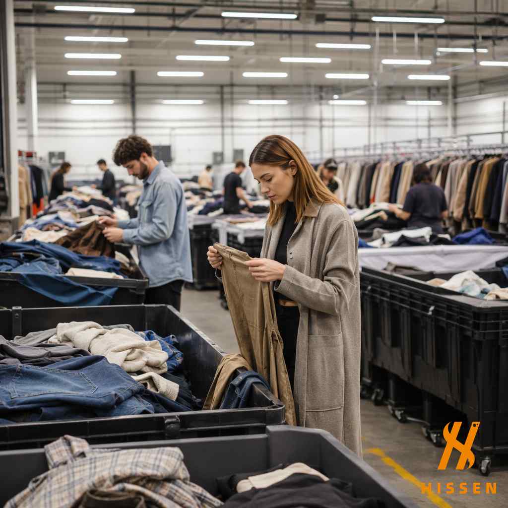 Workers carefully grading and sorting second hand clothing by style and condition
