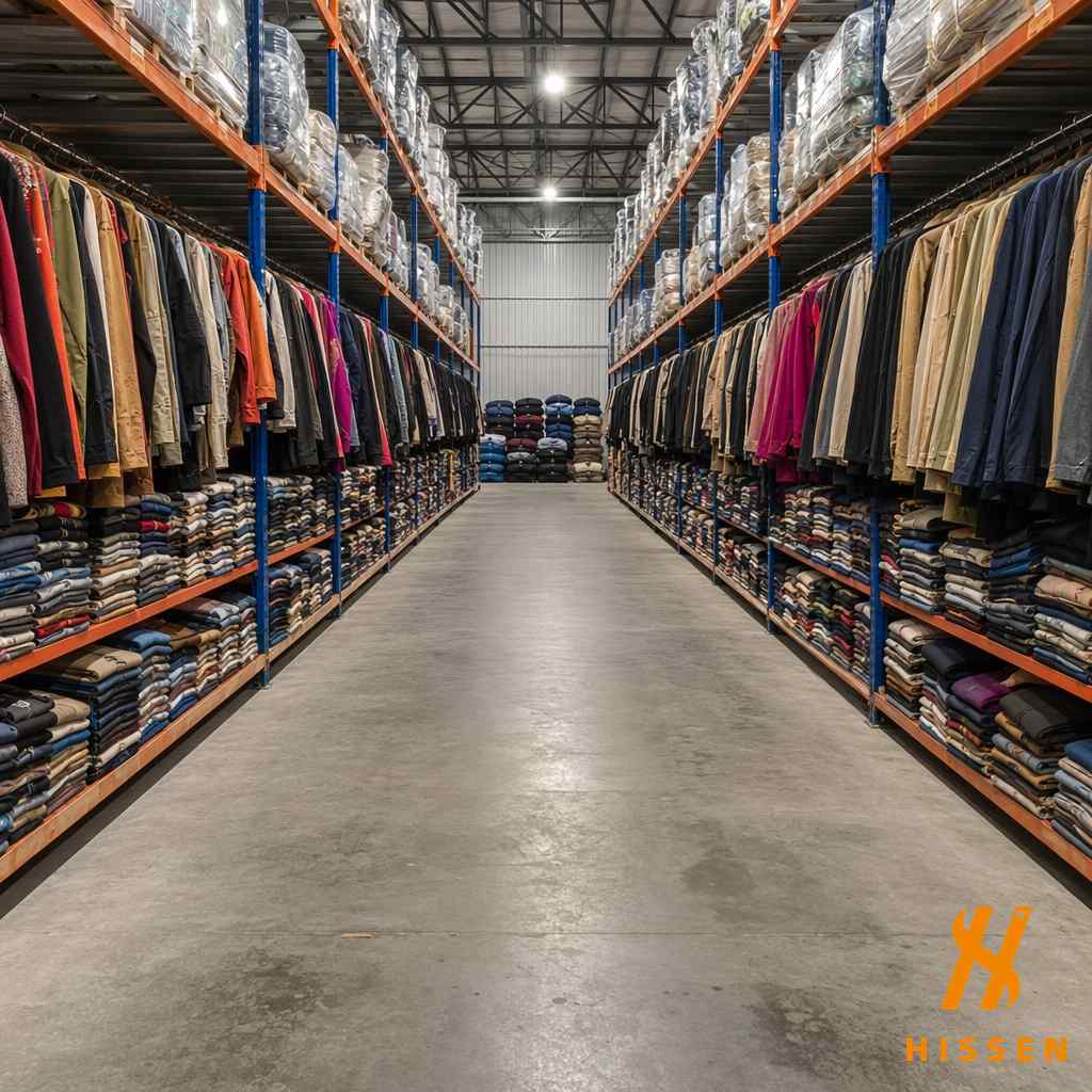 Clean warehouse with well sorted second hand fashion garments arranged by category