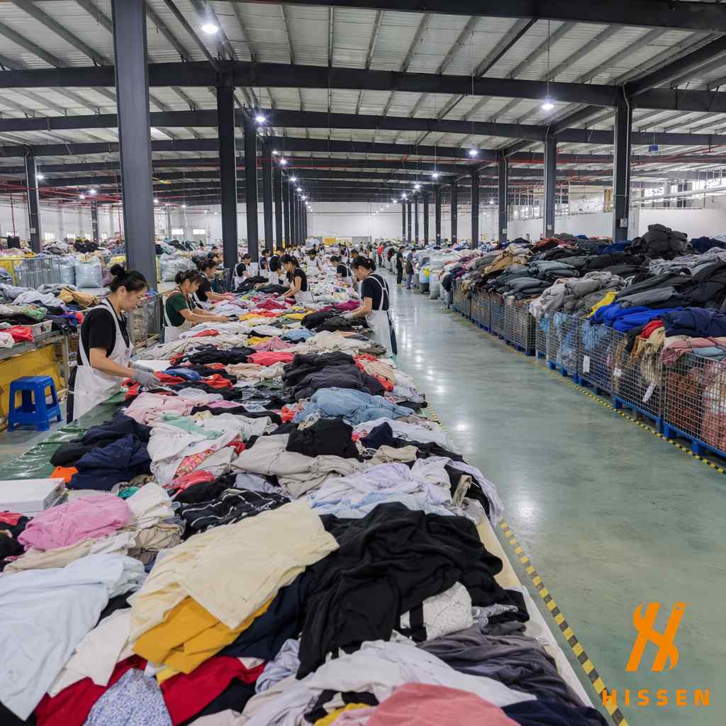 Large warehouse floor in Guangzhou showing workers sorting used clothing by type and grade for wholesale export