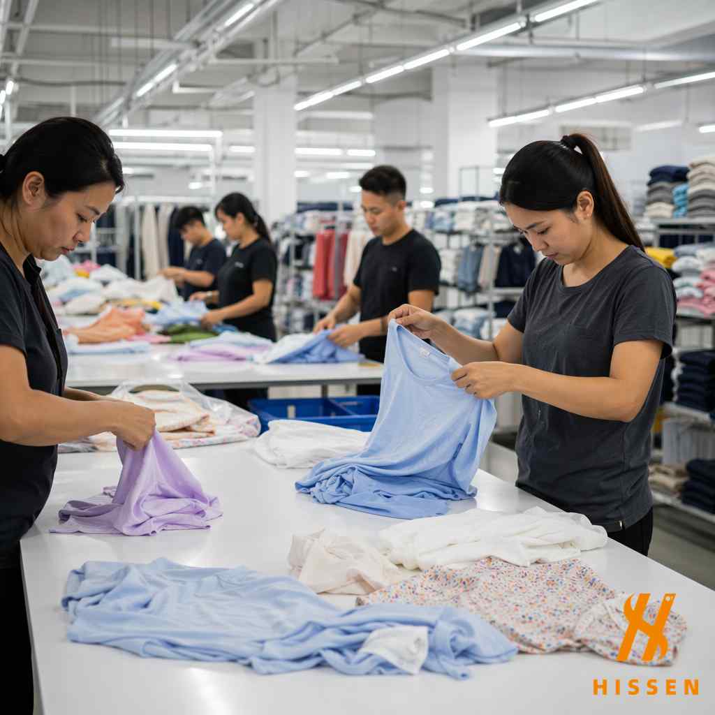 Workers sorting through premium summer clothing at a modern facility grading lightweight garments