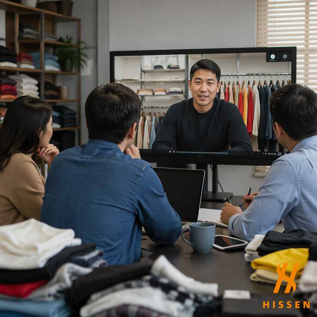 Importers having a video call with a Chinese used clothing supplier discussing quotation details